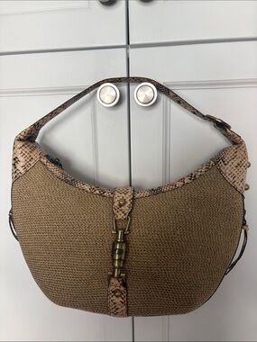 Eric Javits Taupe Woven Shoulder Bag with Faux Snakeskin Trim
